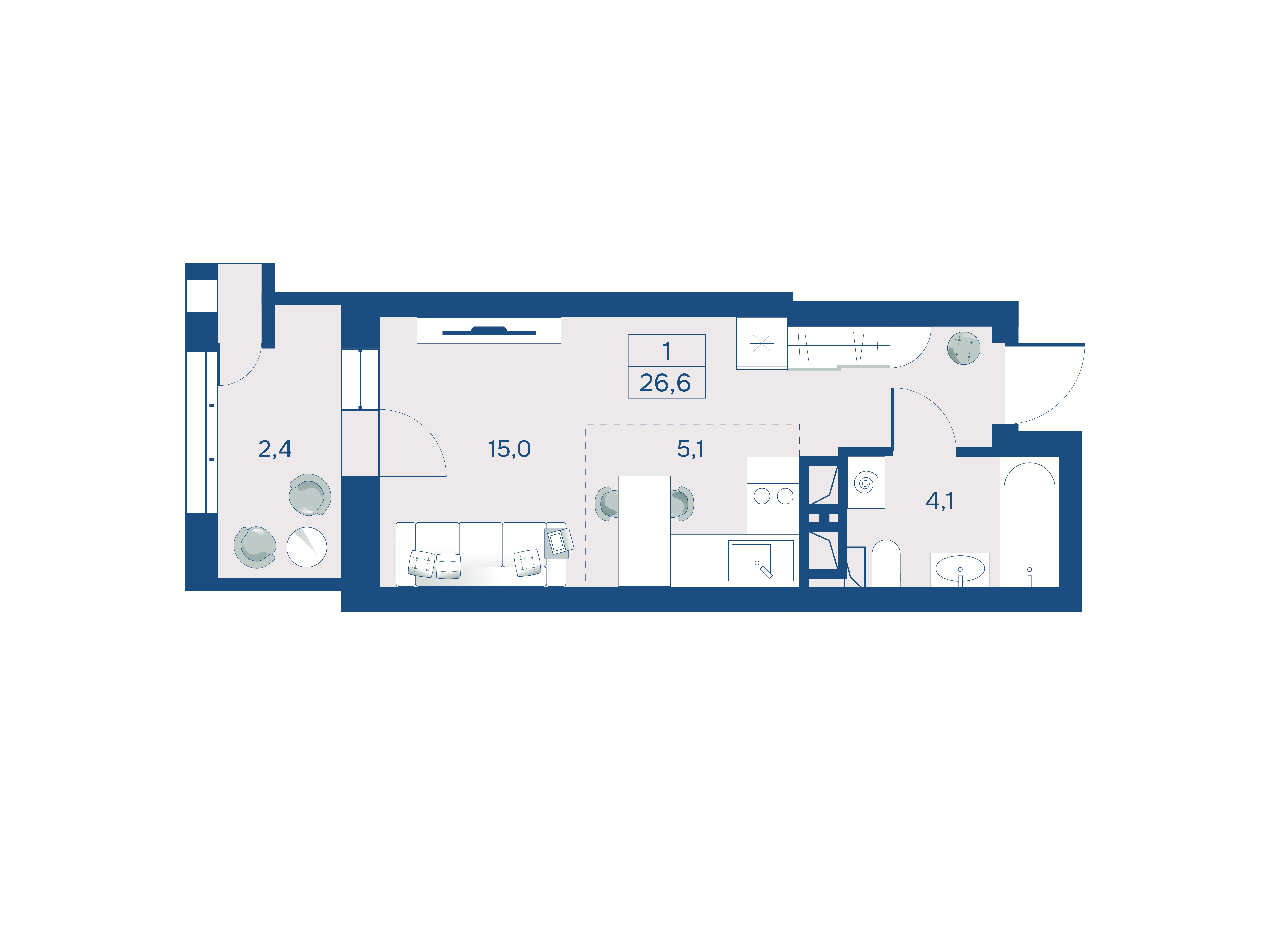 Студия, 26.60 м²